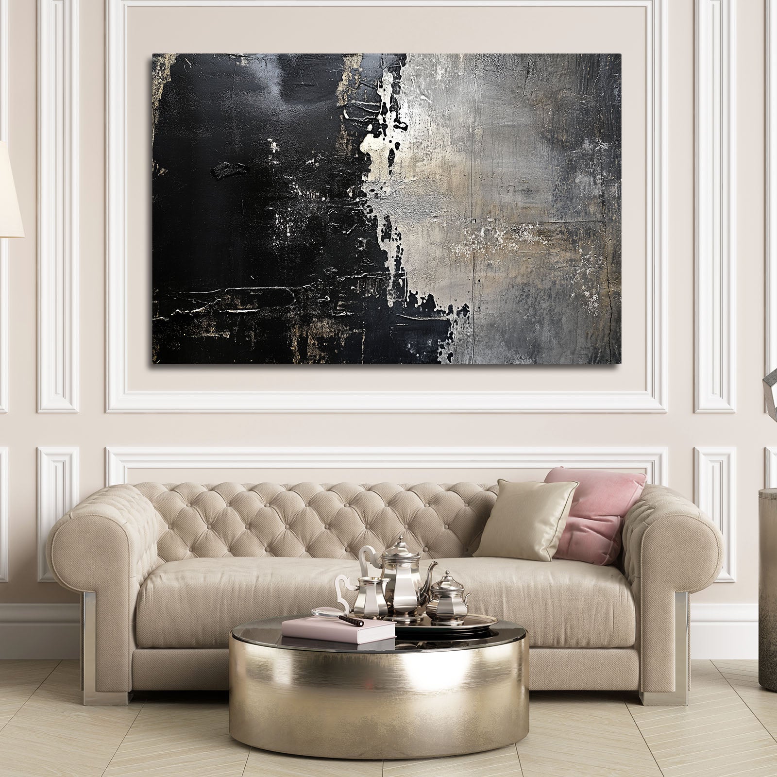 Weathered Black Plaster Abstract Prints – styled in a furnished interior