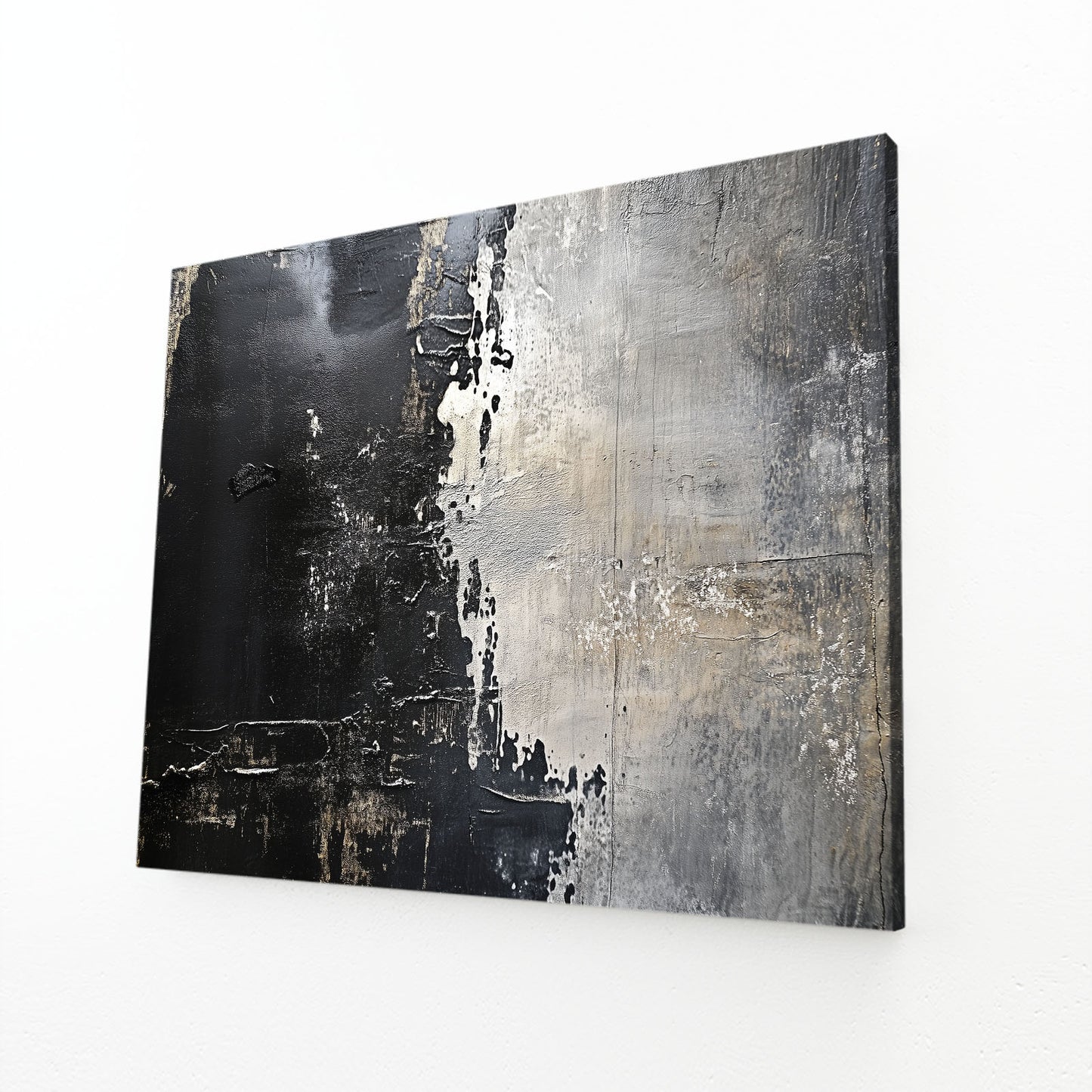 Weathered Black Plaster Abstract Prints – angled canvas view on white background