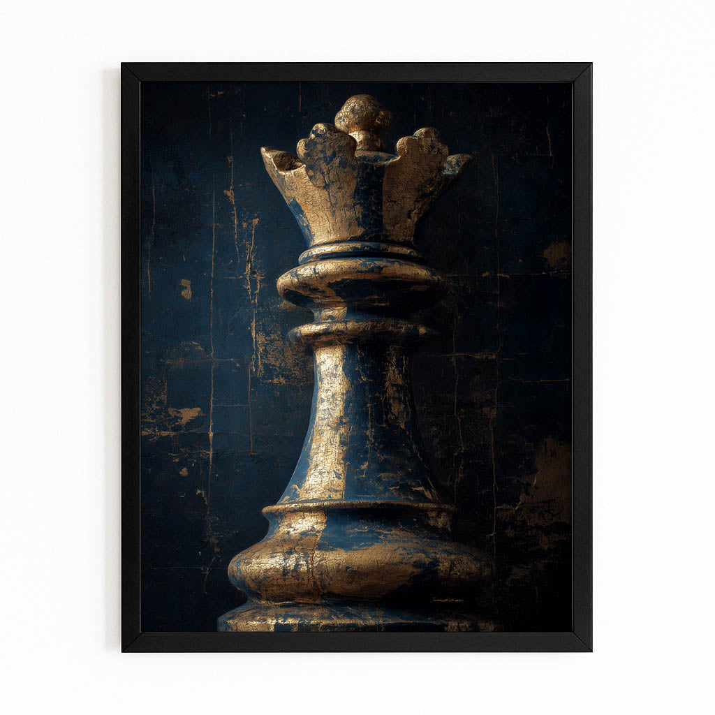 Weathered Bronze Queen Chess Art – with Premium Black frame on white background