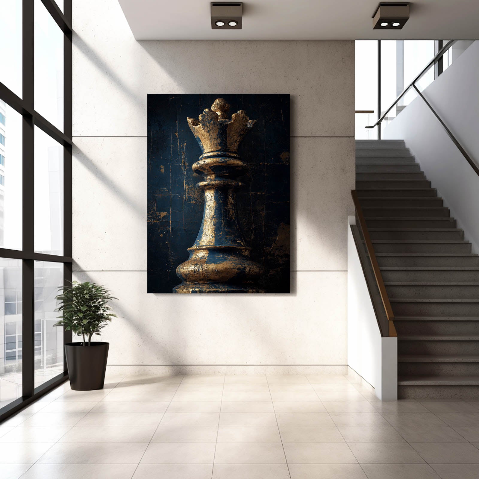 Weathered Bronze Queen Chess Art – styled in a furnished interior