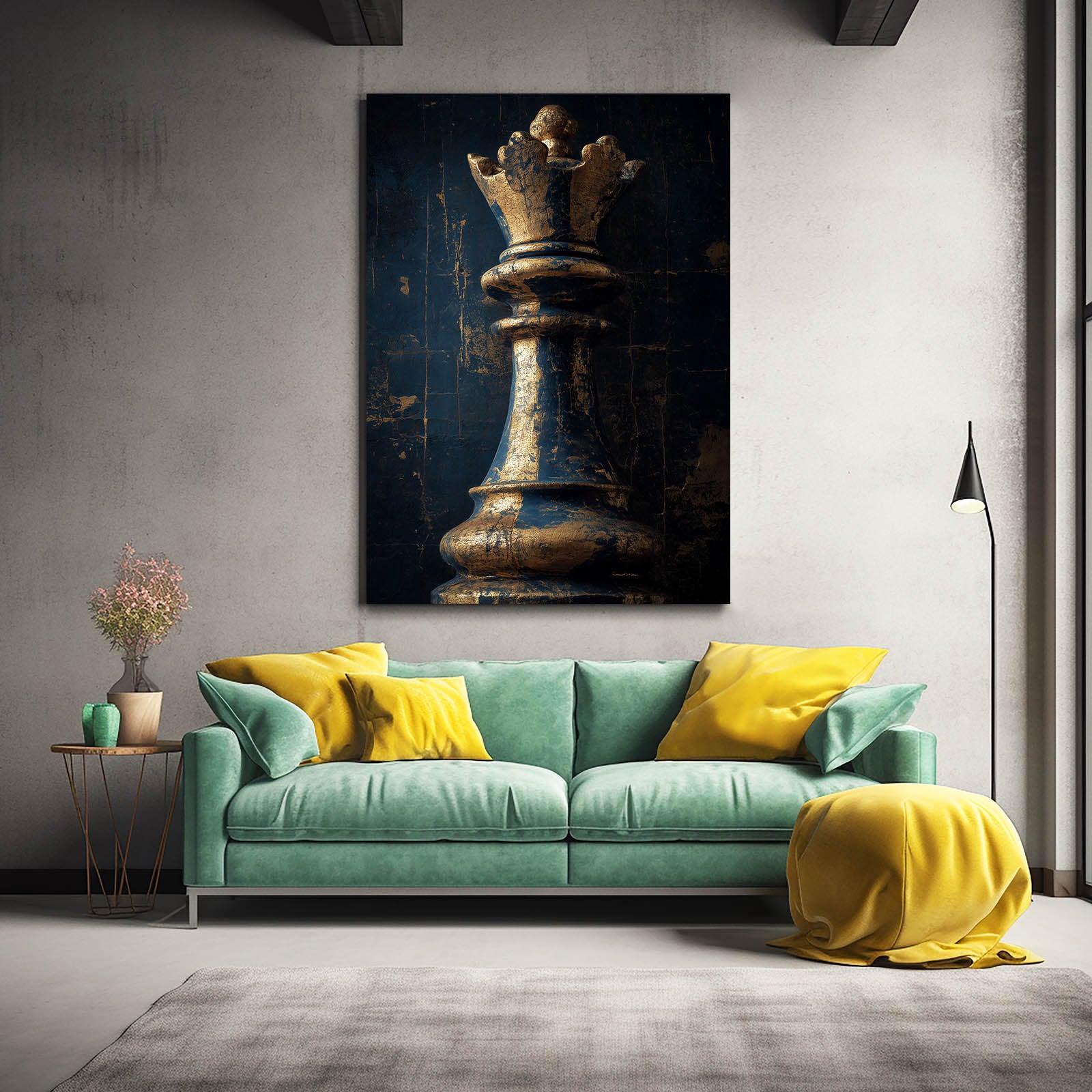 Weathered Bronze Queen Chess Art – styled in a furnished interior