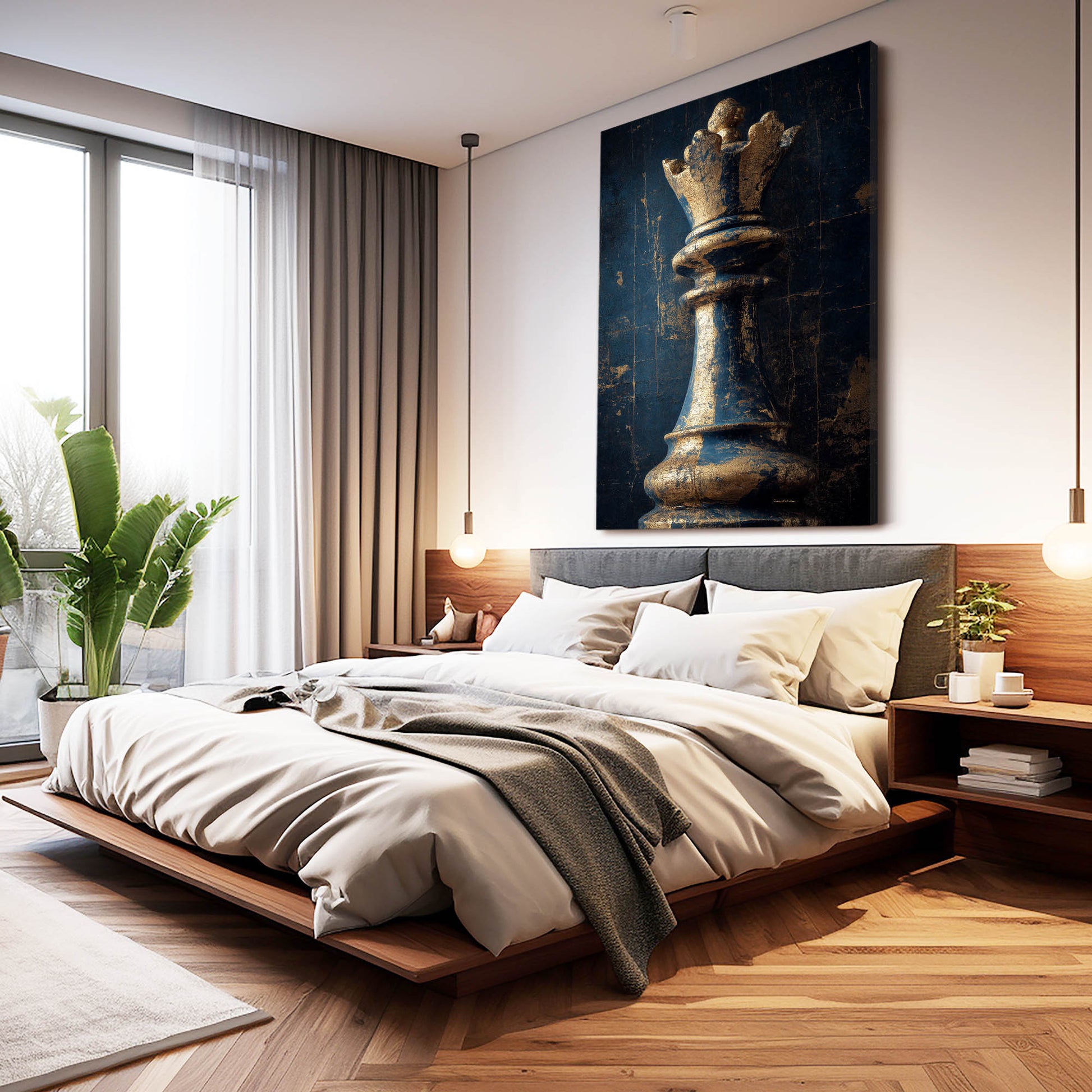 Weathered Bronze Queen Chess Art – styled in a furnished interior
