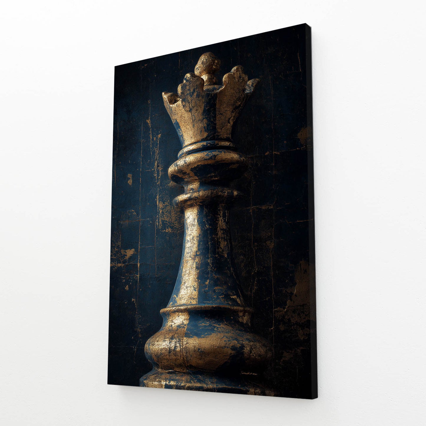 Weathered Bronze Queen Chess Art – angled canvas view on white background