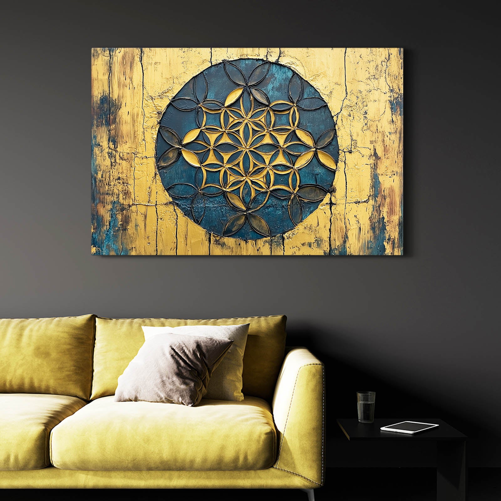 Weathered Gold Bloom Flower Of Life Canvas – styled in a furnished interior