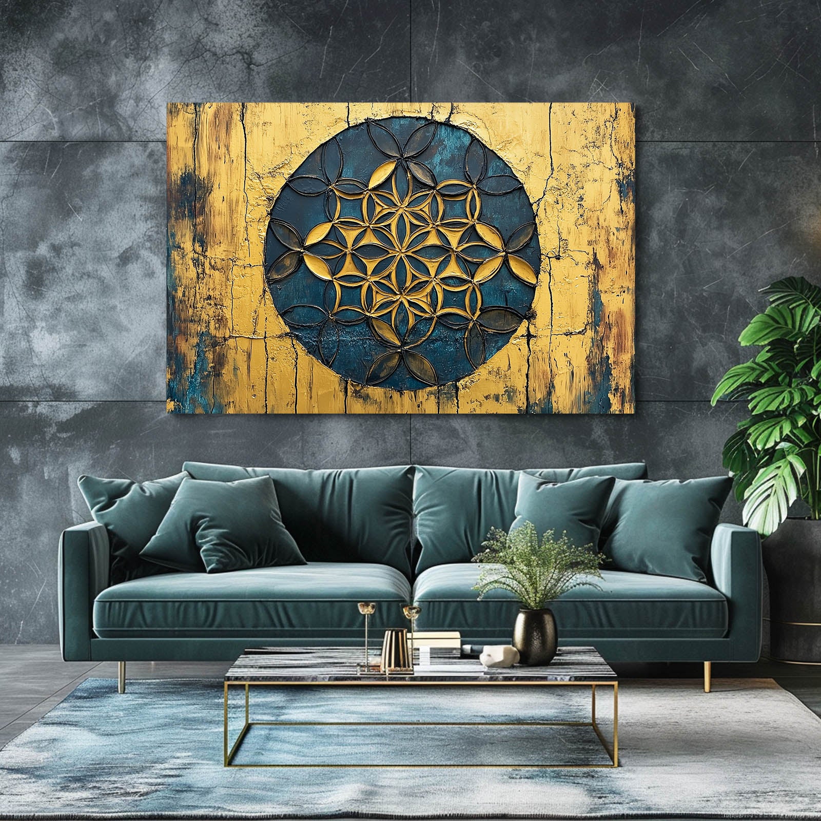 Weathered Gold Bloom Flower Of Life Canvas – styled in a furnished interior