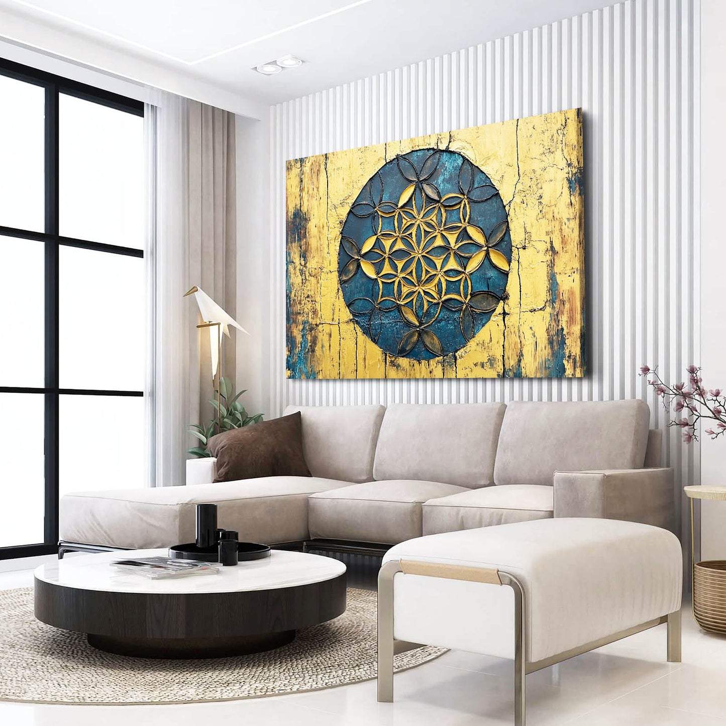 Weathered Gold Bloom Flower Of Life Canvas – styled in a furnished interior