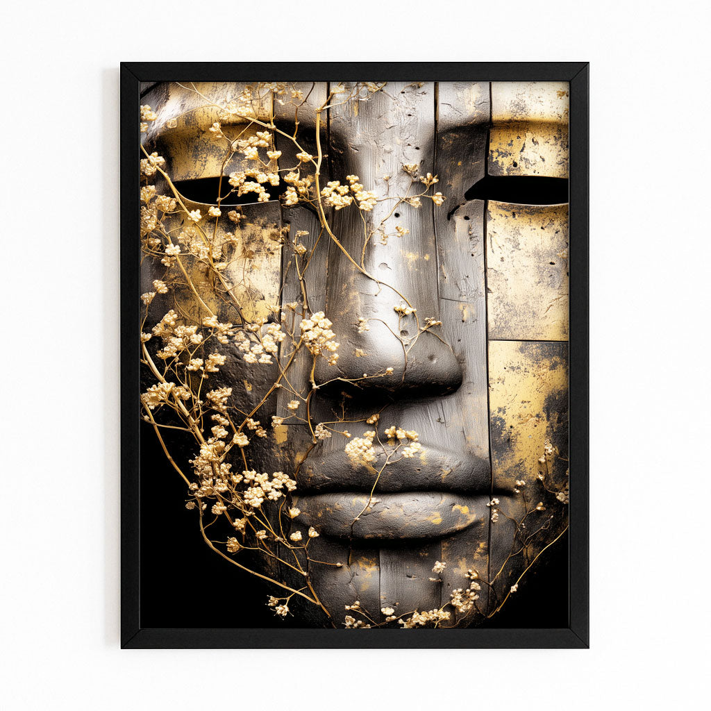 Weathered Stone Face Egyptian Wall Art – with Premium Black frame on white background