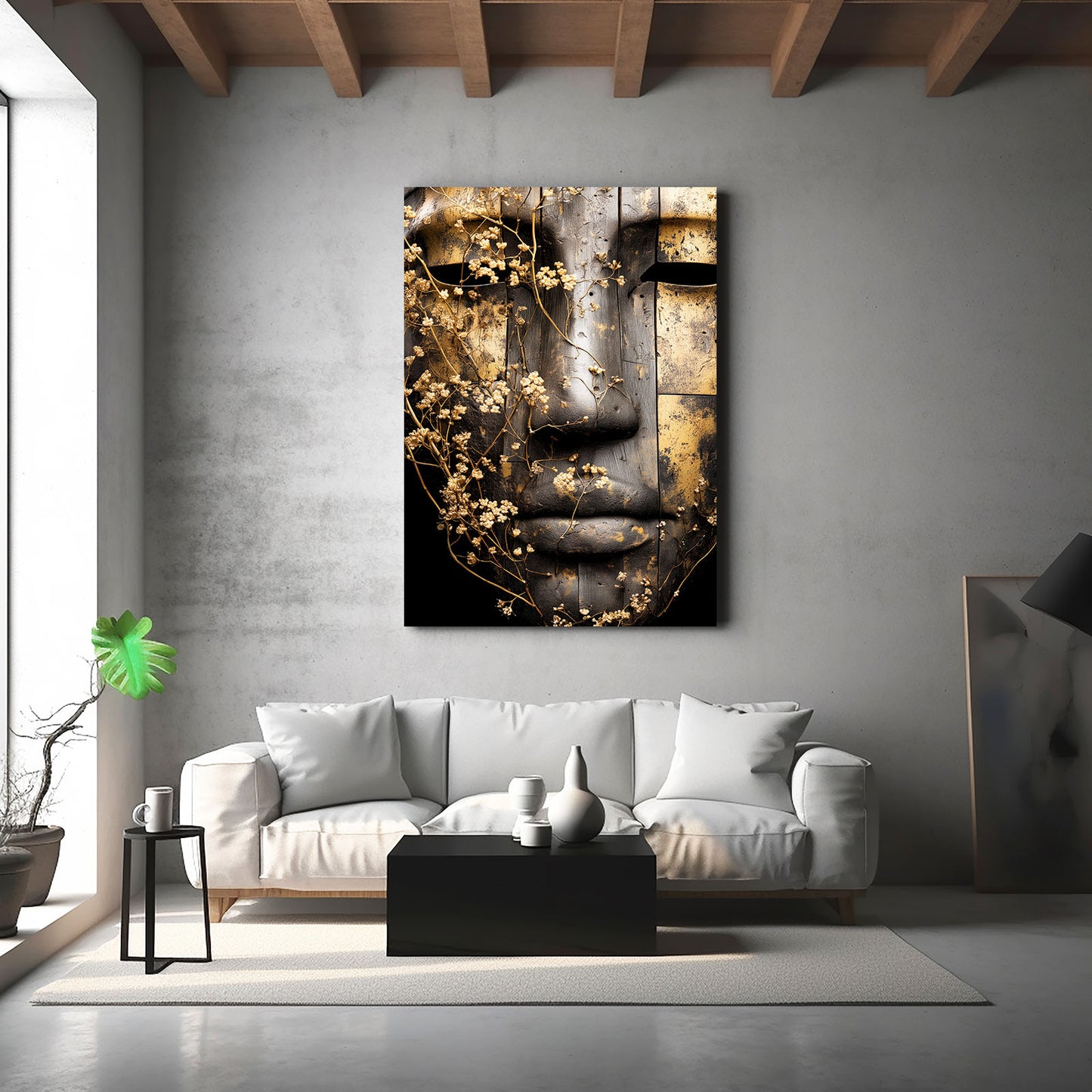 Weathered Stone Face Egyptian Wall Art – styled in a furnished interior