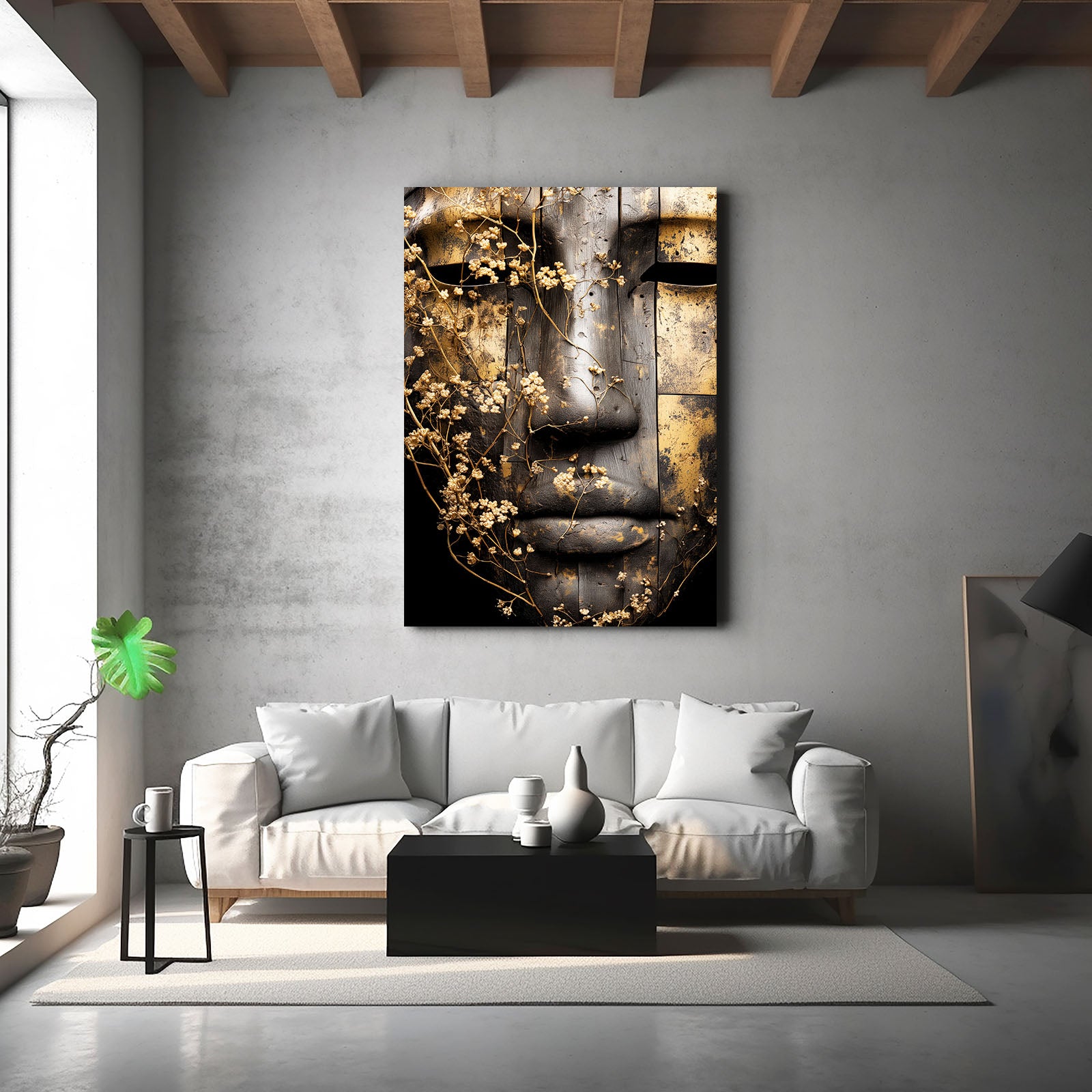 Weathered Stone Face Egyptian Wall Art – styled in a furnished interior