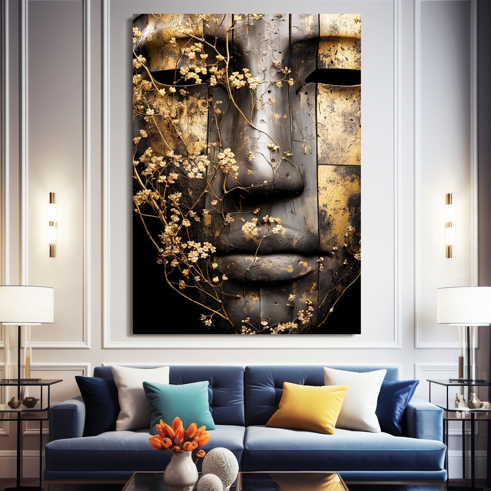 Weathered Stone Face Egyptian Wall Art – styled in a furnished interior