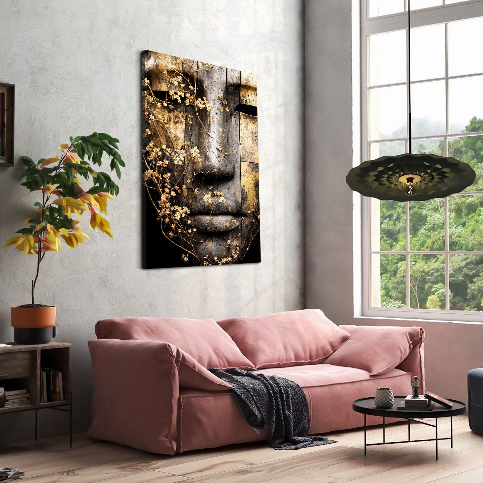 Weathered Stone Face Egyptian Wall Art – styled in a furnished interior