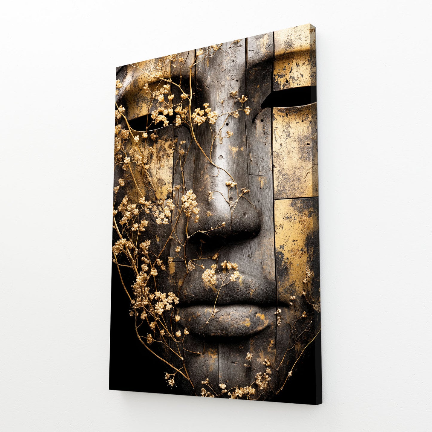 Weathered Stone Face Egyptian Wall Art – angled canvas view on white background