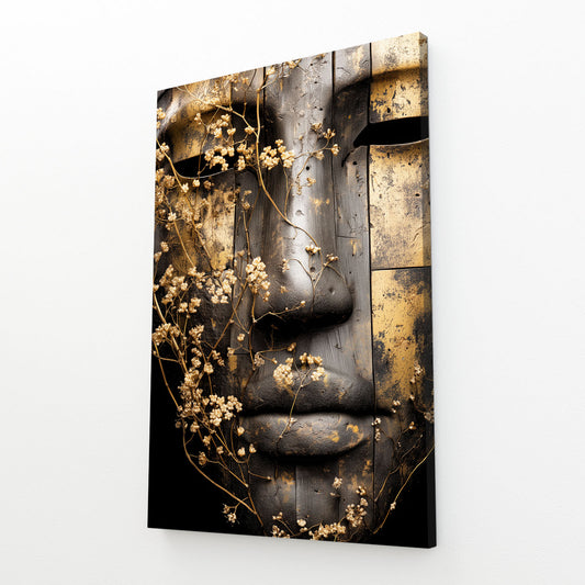 Weathered Stone Face Egyptian Wall Art – angled canvas view on white background