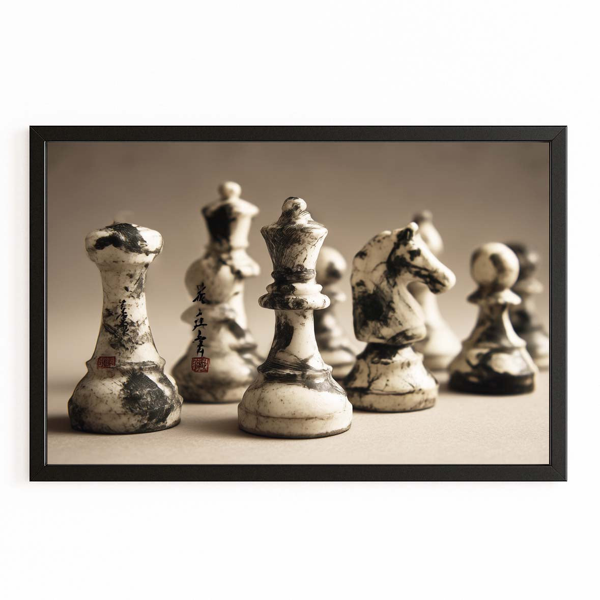 Weathered Stone Set Chess Wall Decor – with Premium Black frame on white background