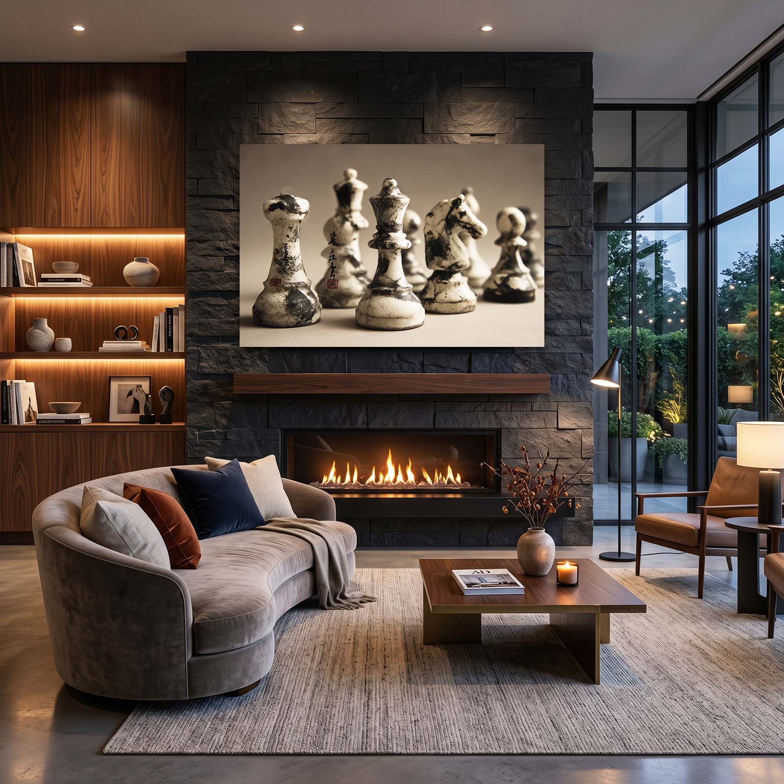 Weathered Stone Set Chess Wall Decor – styled in a furnished interior