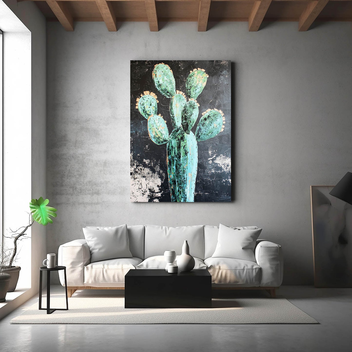 Weathered Teal Paddle Cactus Canvas – styled in a furnished interior