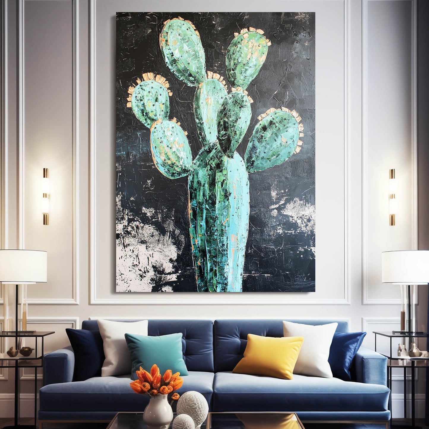 Weathered Teal Paddle Cactus Canvas – styled in a furnished interior