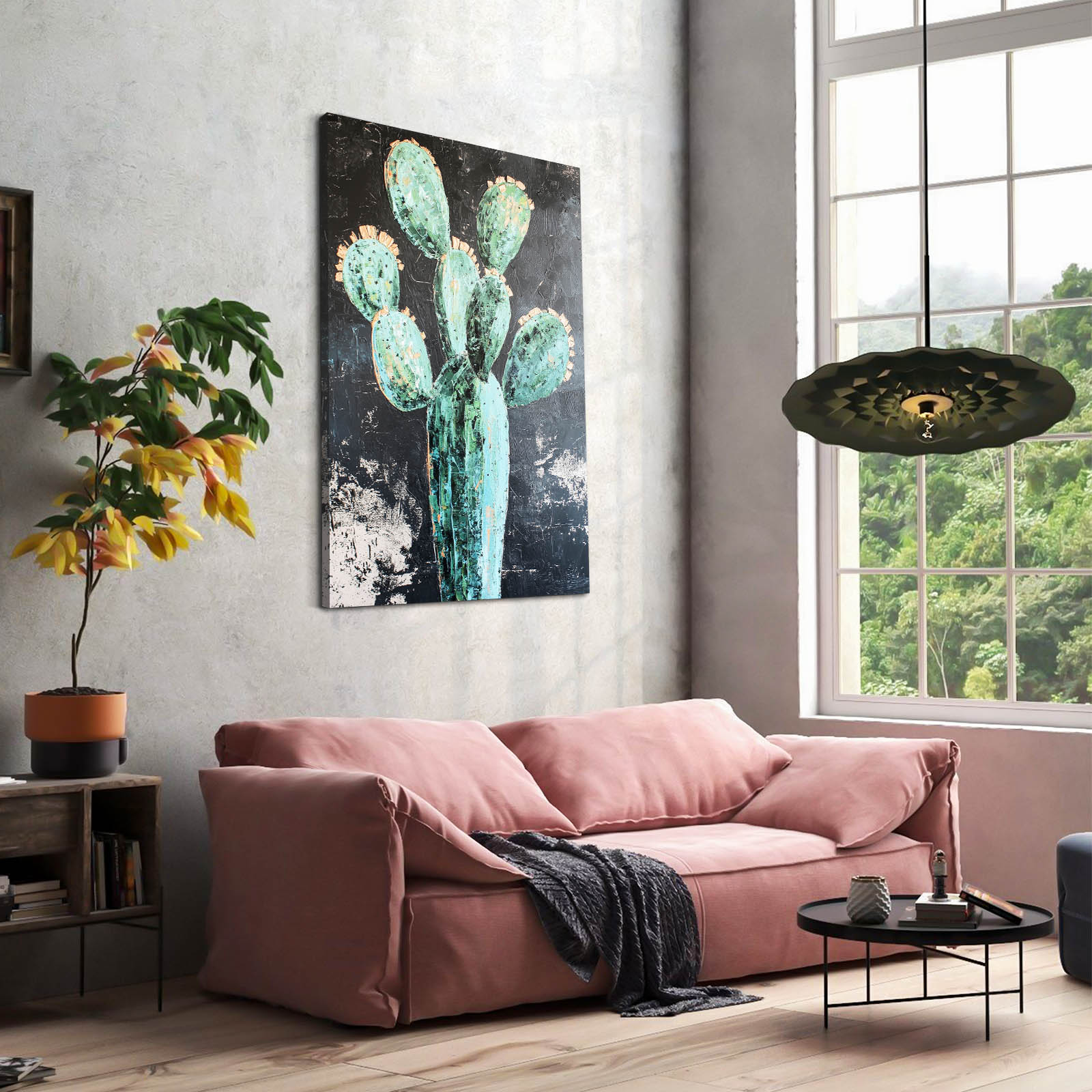 Weathered Teal Paddle Cactus Canvas – styled in a furnished interior