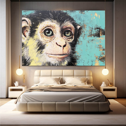 Weathered Teal Portrait Monkey Art – styled in a furnished interior