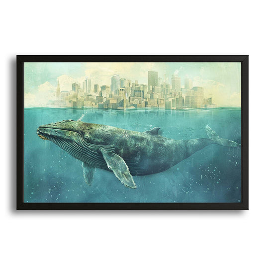 Whale Canvas Wall Art — surrealism canvas print in blue tones, with Premium Black frame on white background