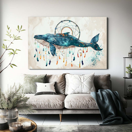 Whale Dreamcatcher Art — boho canvas print in blue tones, view 3