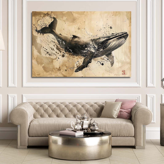 Whale Ink Art — abstract canvas print in white tones, view 3