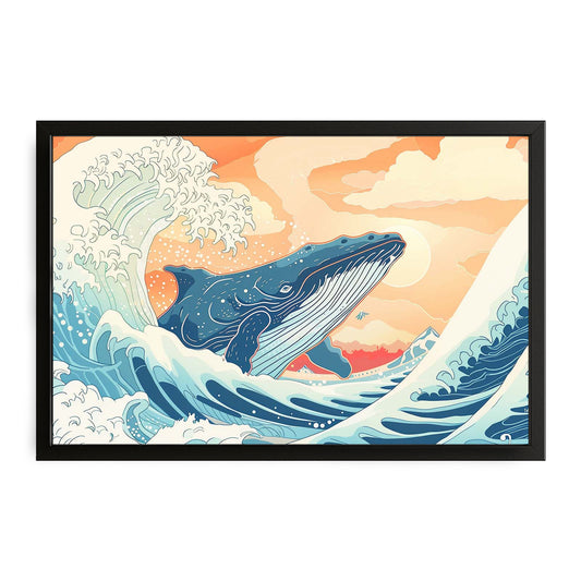 Whale Jumping Out Of Water Art — anime canvas print in blue tones, with Premium Black frame on white background