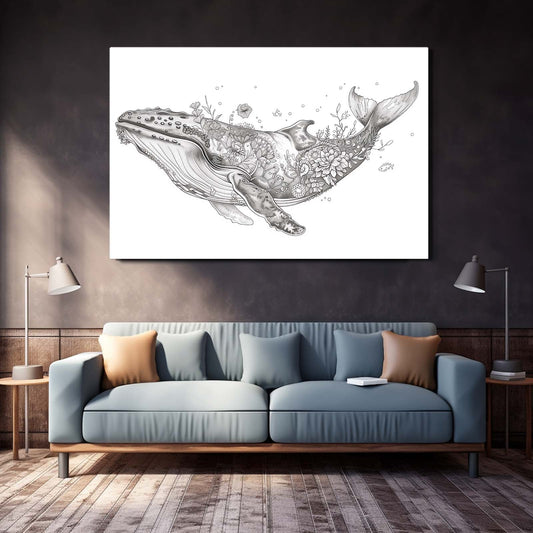 Whale Line Art Floral — line canvas print in white tones, view 3