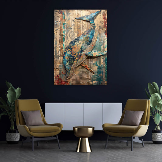 Whale Mosaic Folk Art — vintage canvas print in orange tones, view 3