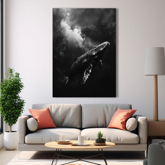 Whale Photography Print Art — black and white canvas print in black tones, view 3