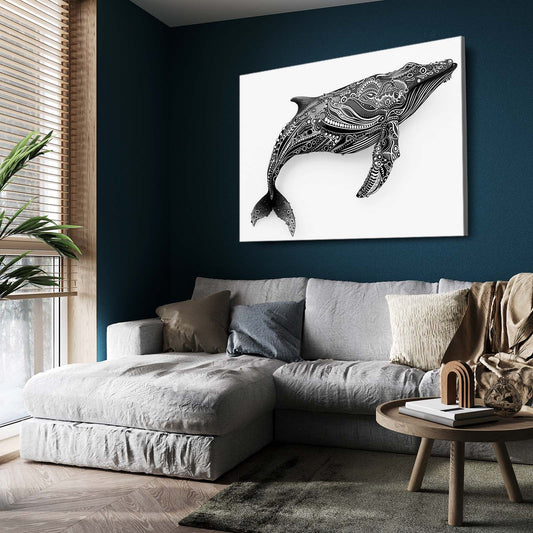 Whale Tattoo Art — black and white canvas print in white tones, view 3