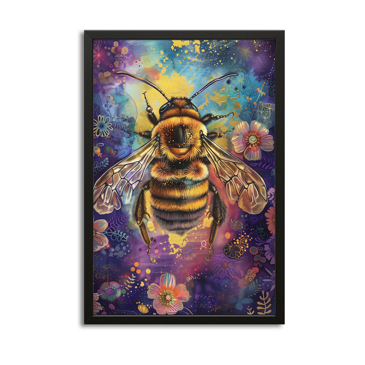 Whimsical Bee Art — contemporary canvas print in orange tones, with Premium Black frame on white background