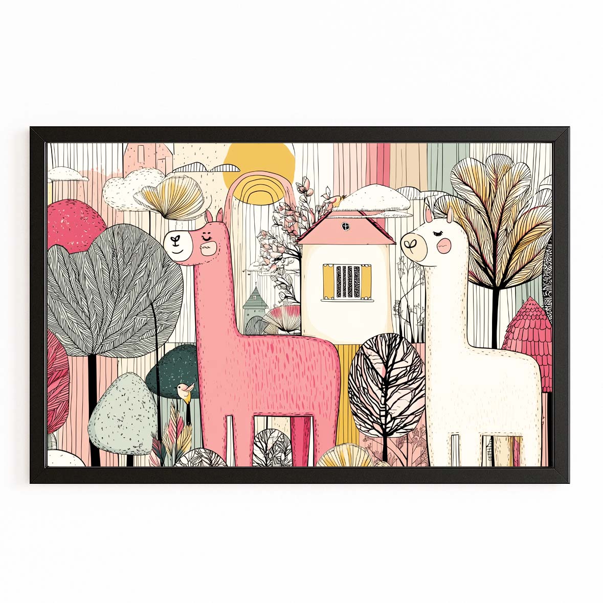 Whimsical Farm Animals Farmhouse Wall Decor – with Premium Black frame on white background