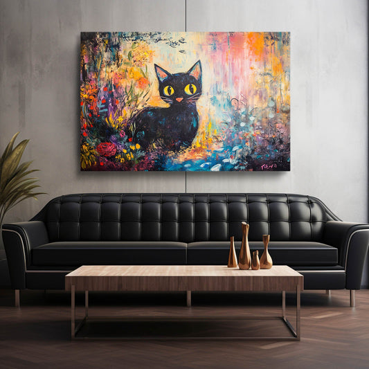 Whimsical Garden Cat Wall Art — abstract canvas print in white tones, view 3