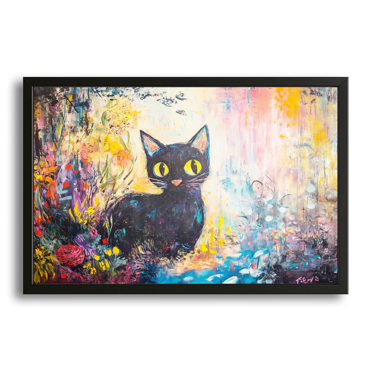 Whimsical Garden Cat Wall Art — cute canvas print in white tones, with Premium Black frame on white background