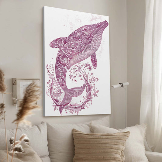 Whimsical Line Whale Art — botanical canvas print in white tones, view 3