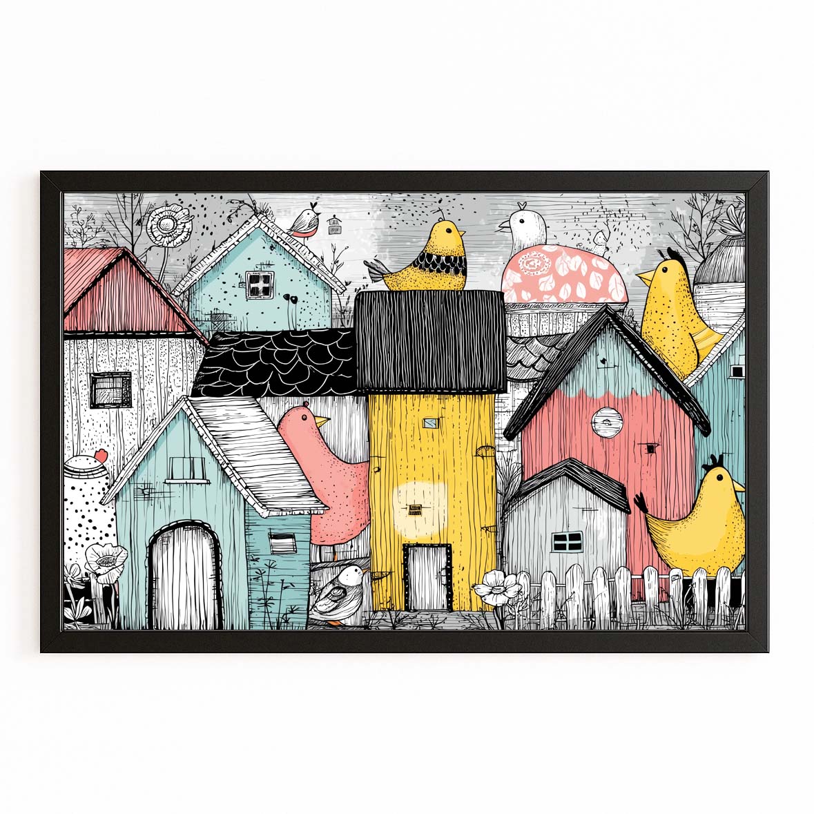 Whimsical Village Farmhouse Canvas Art – with Premium Black frame on white background