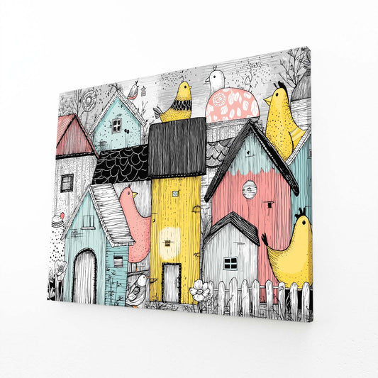 Whimsical Village Farmhouse Canvas Art – angled canvas view on white background