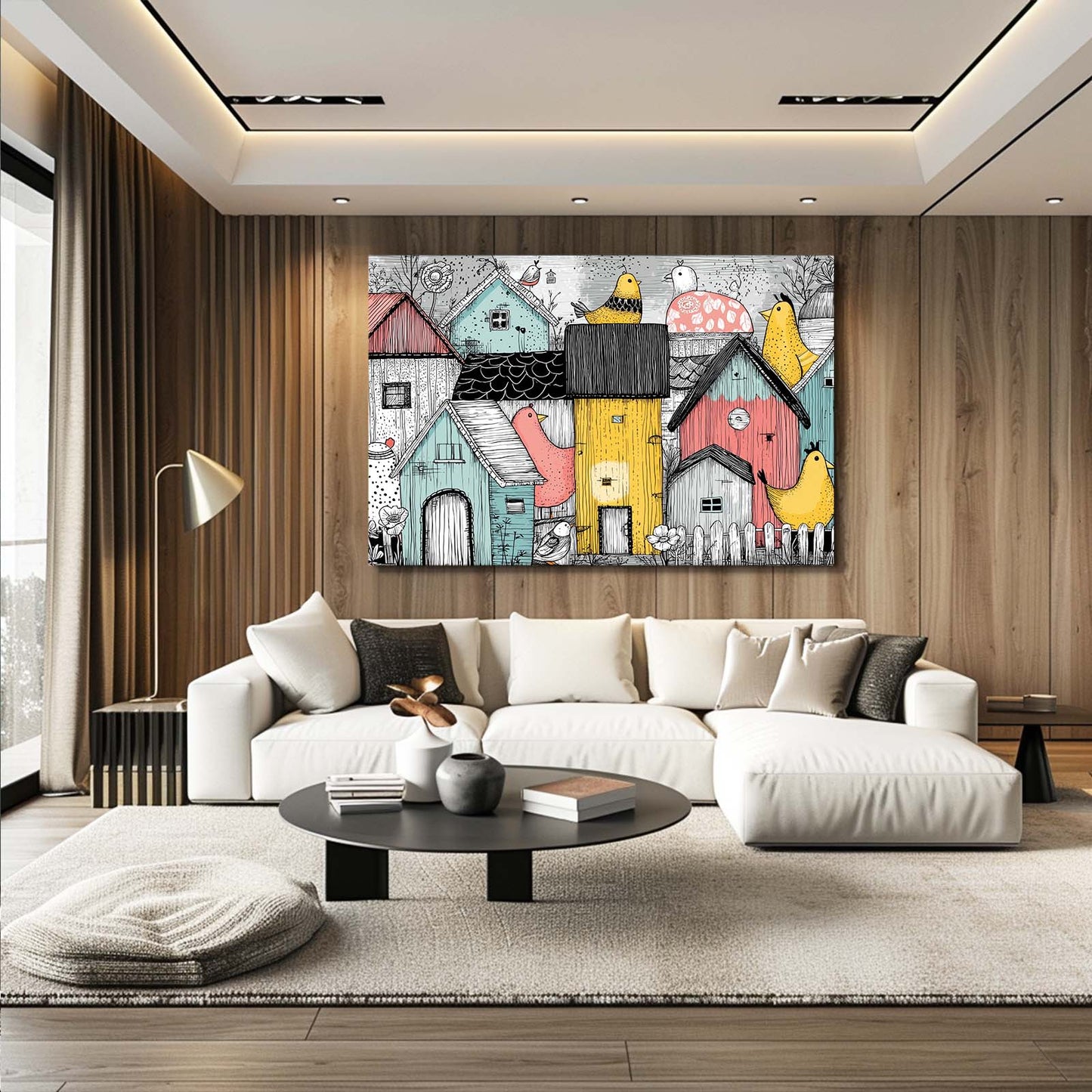 Whimsical Village Farmhouse Canvas Art – styled in a furnished interior