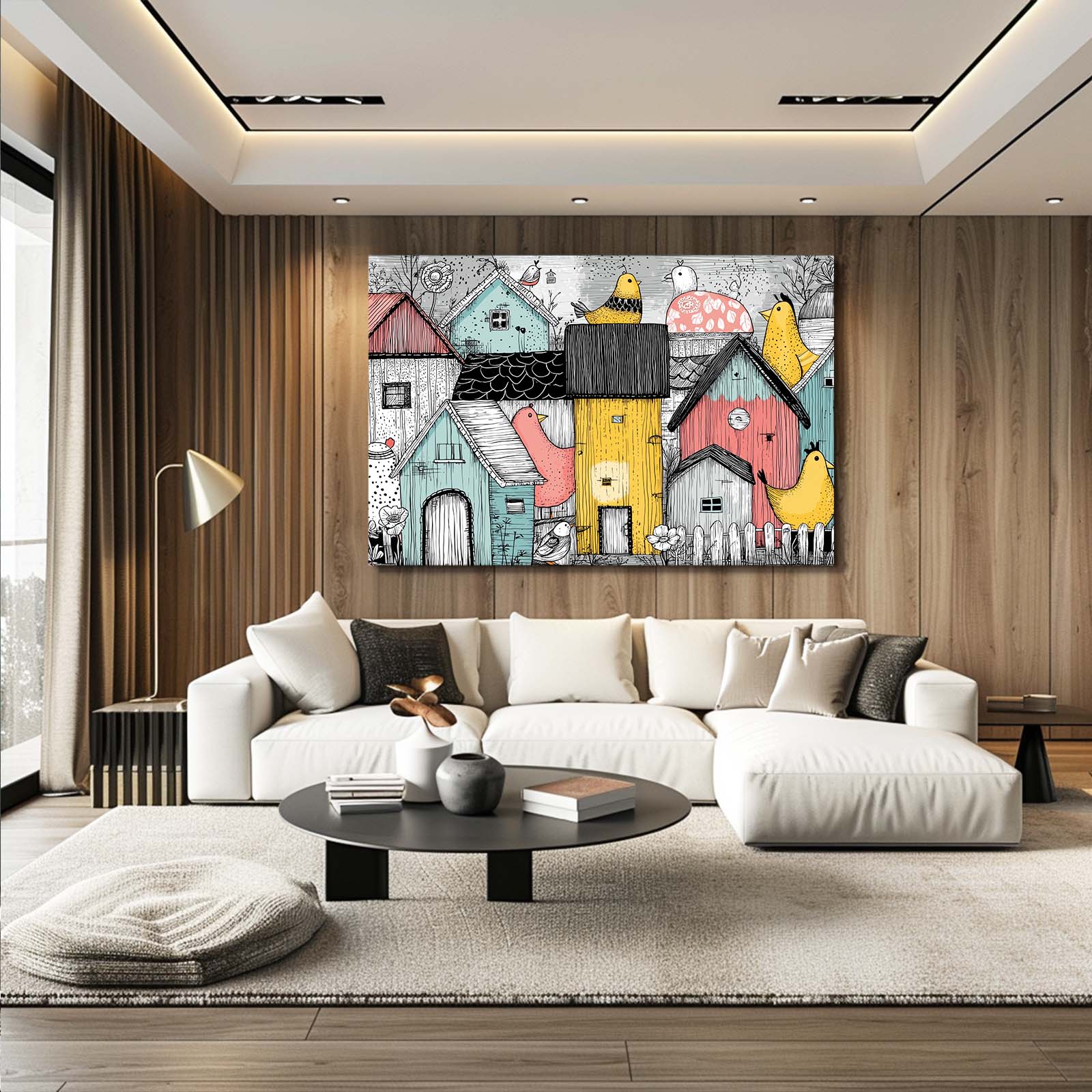 Whimsical Village Farmhouse Canvas Art – styled in a furnished interior