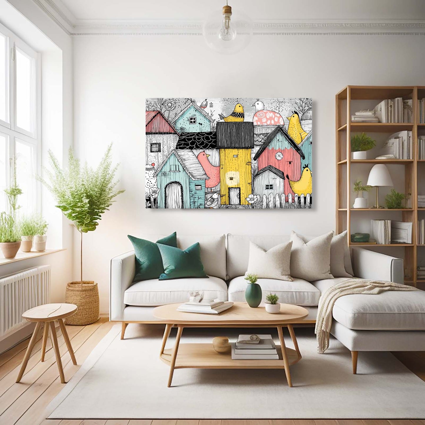Whimsical Village Farmhouse Canvas Art – styled in a furnished interior