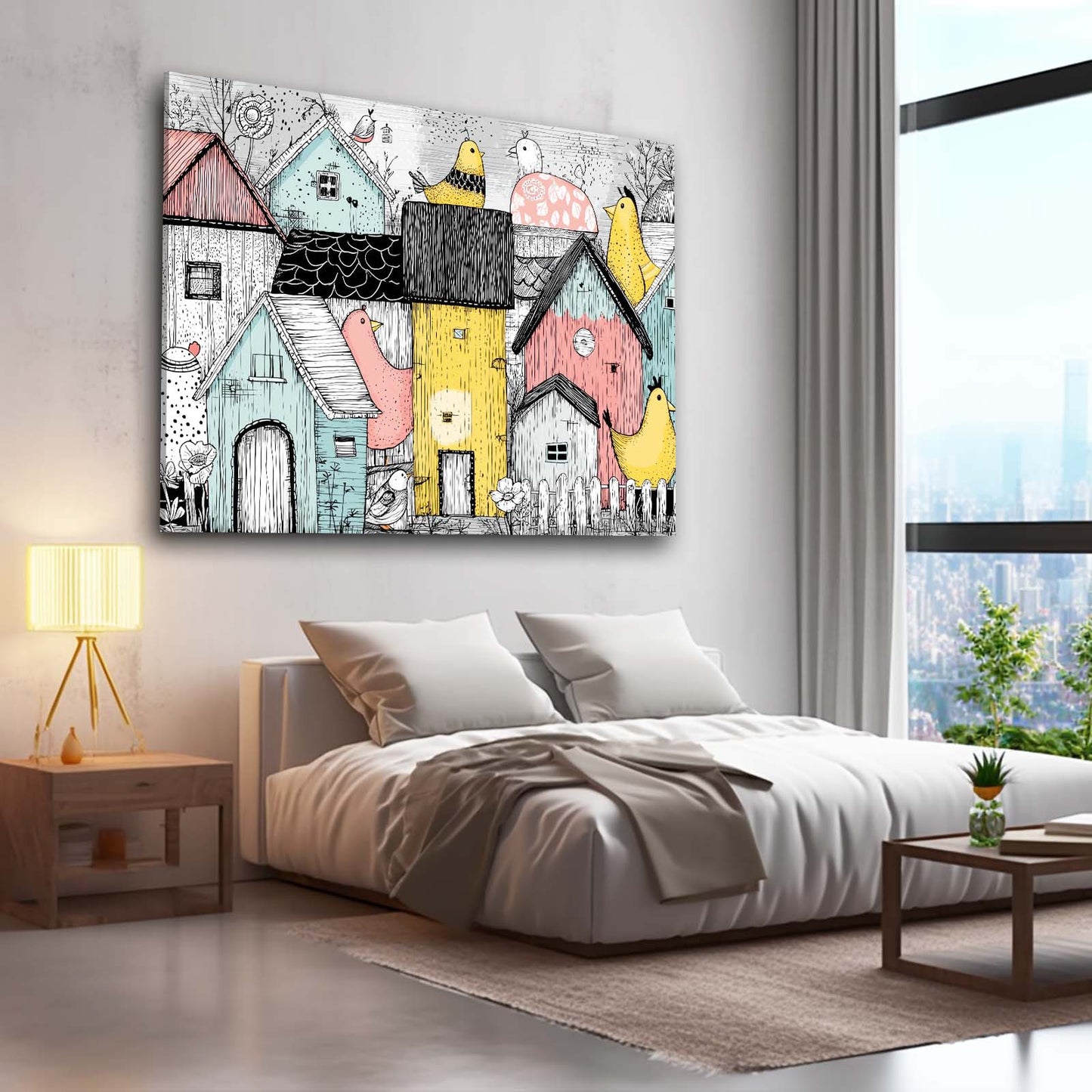Whimsical Village Farmhouse Canvas Art – styled in a furnished interior