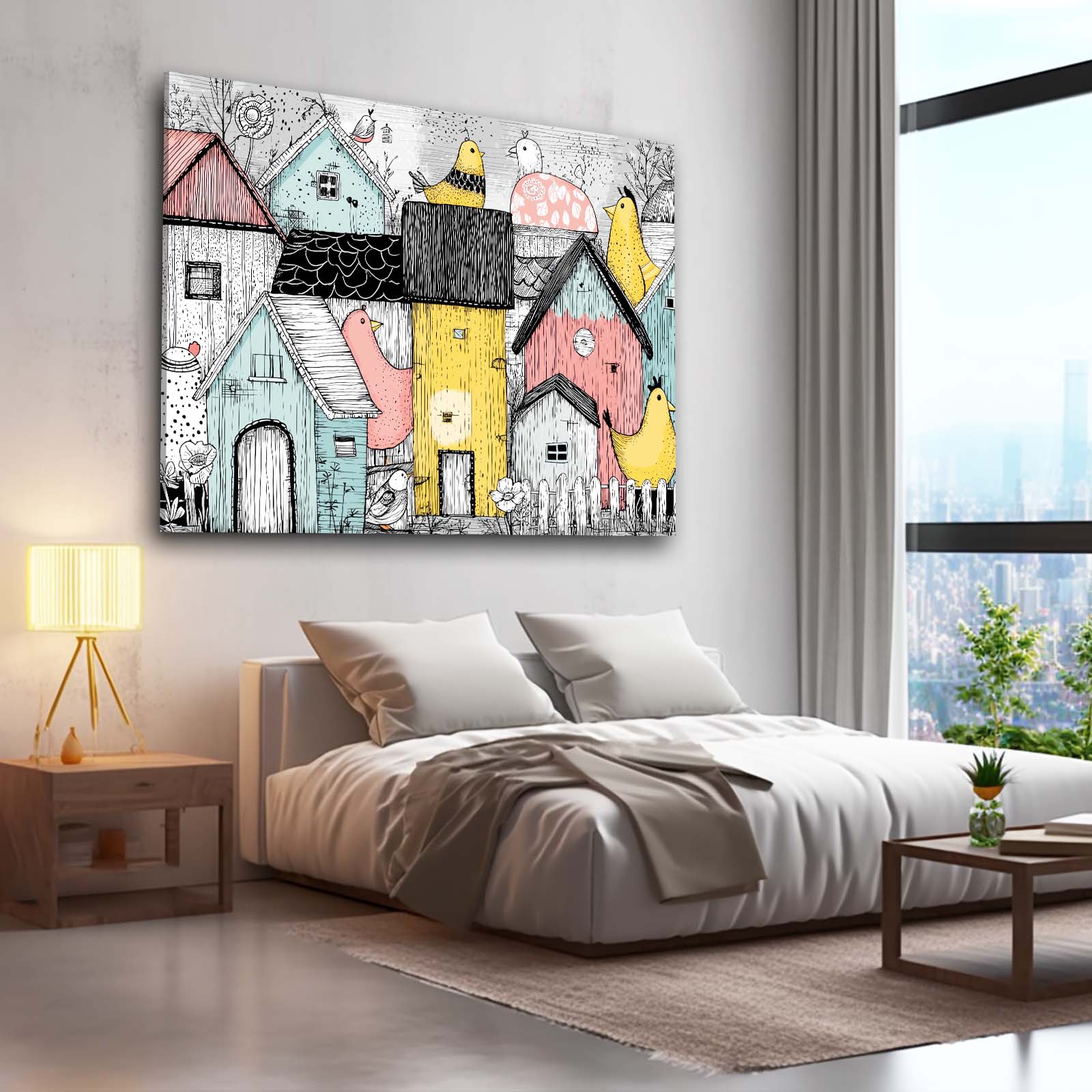 Whimsical Village Farmhouse Canvas Art – styled in a furnished interior