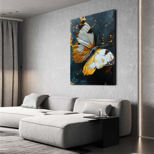 White And Gold Butterfly Wall Art — luxury canvas print in blue tones, view 3