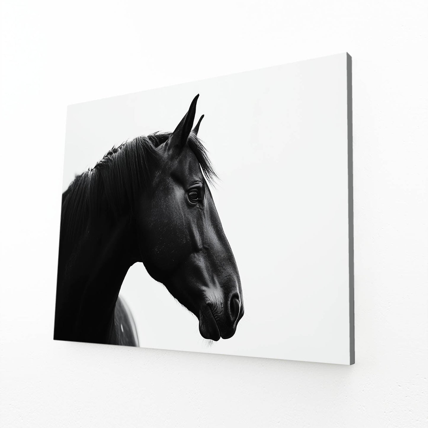 White Black Horse Art – angled canvas view on white background
