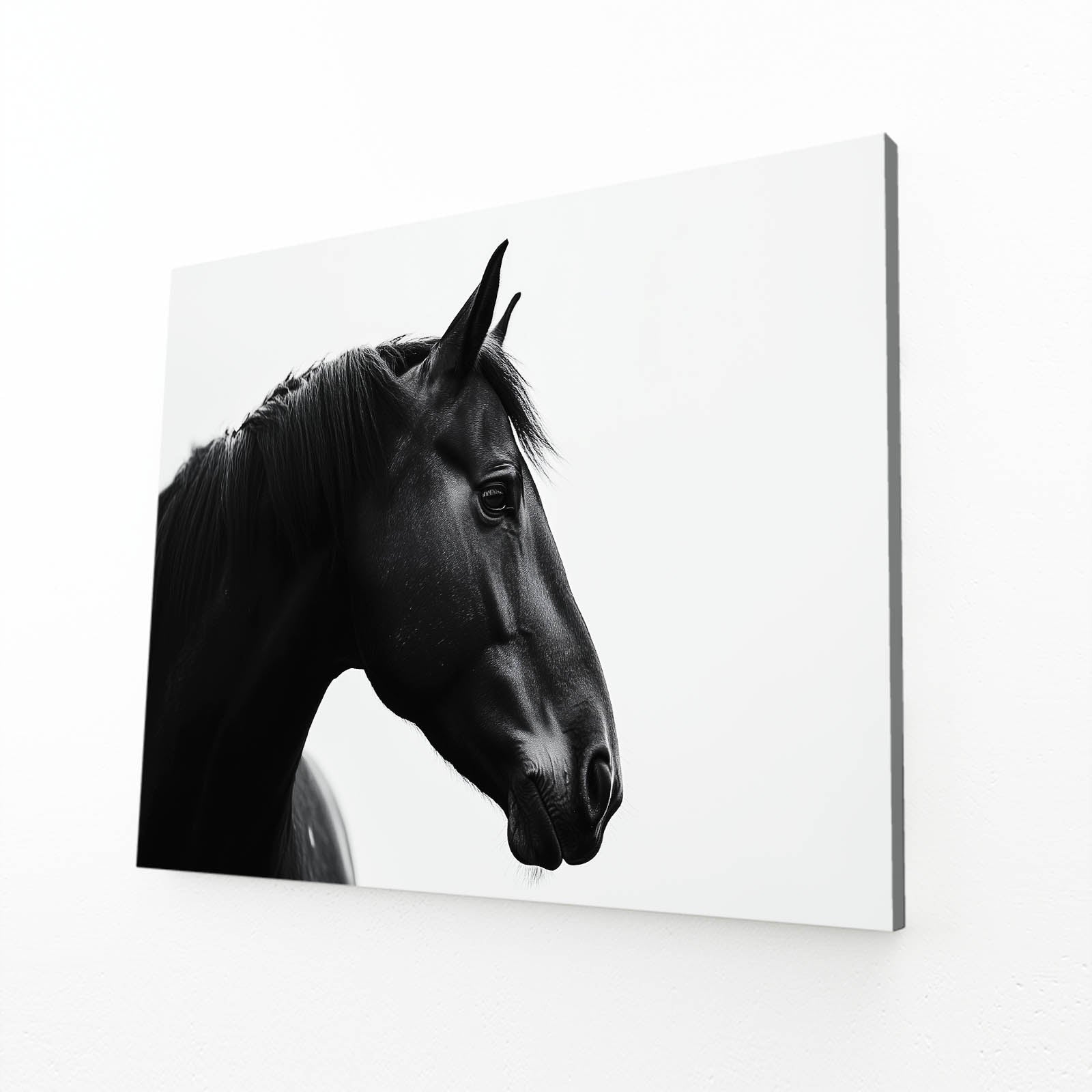 White Black Horse Art – angled canvas view on white background