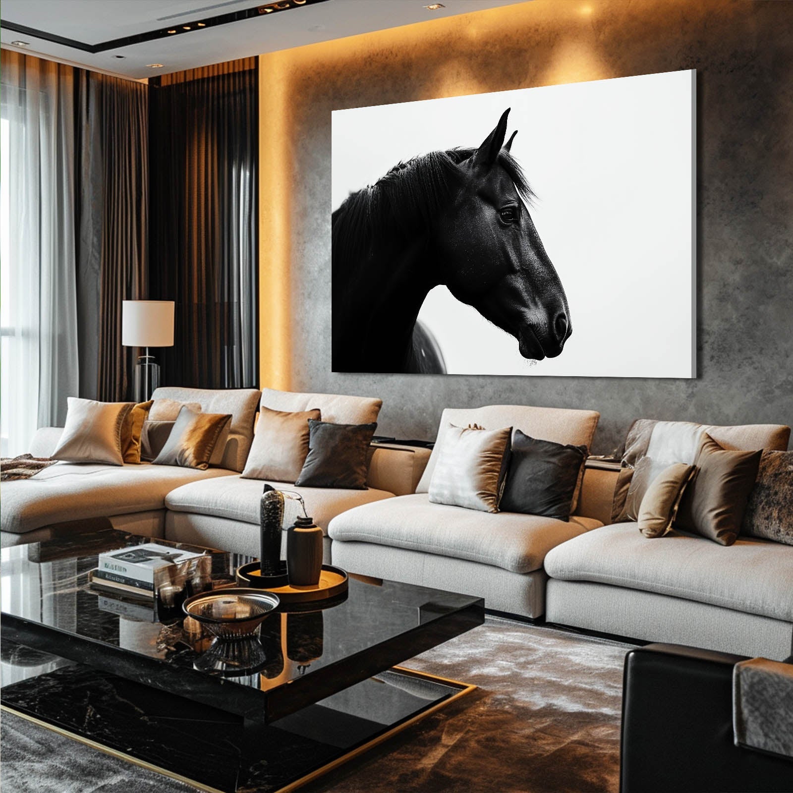 White Black Horse Art – angled canvas view on white background