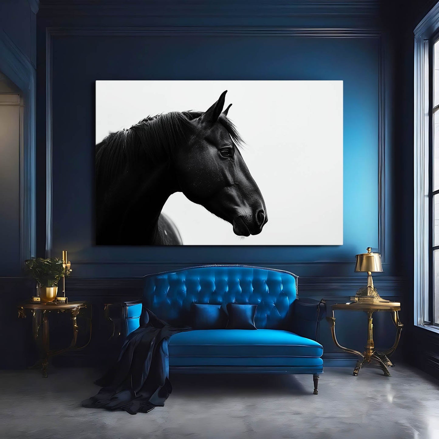 White Black Horse Art – angled canvas view on white background