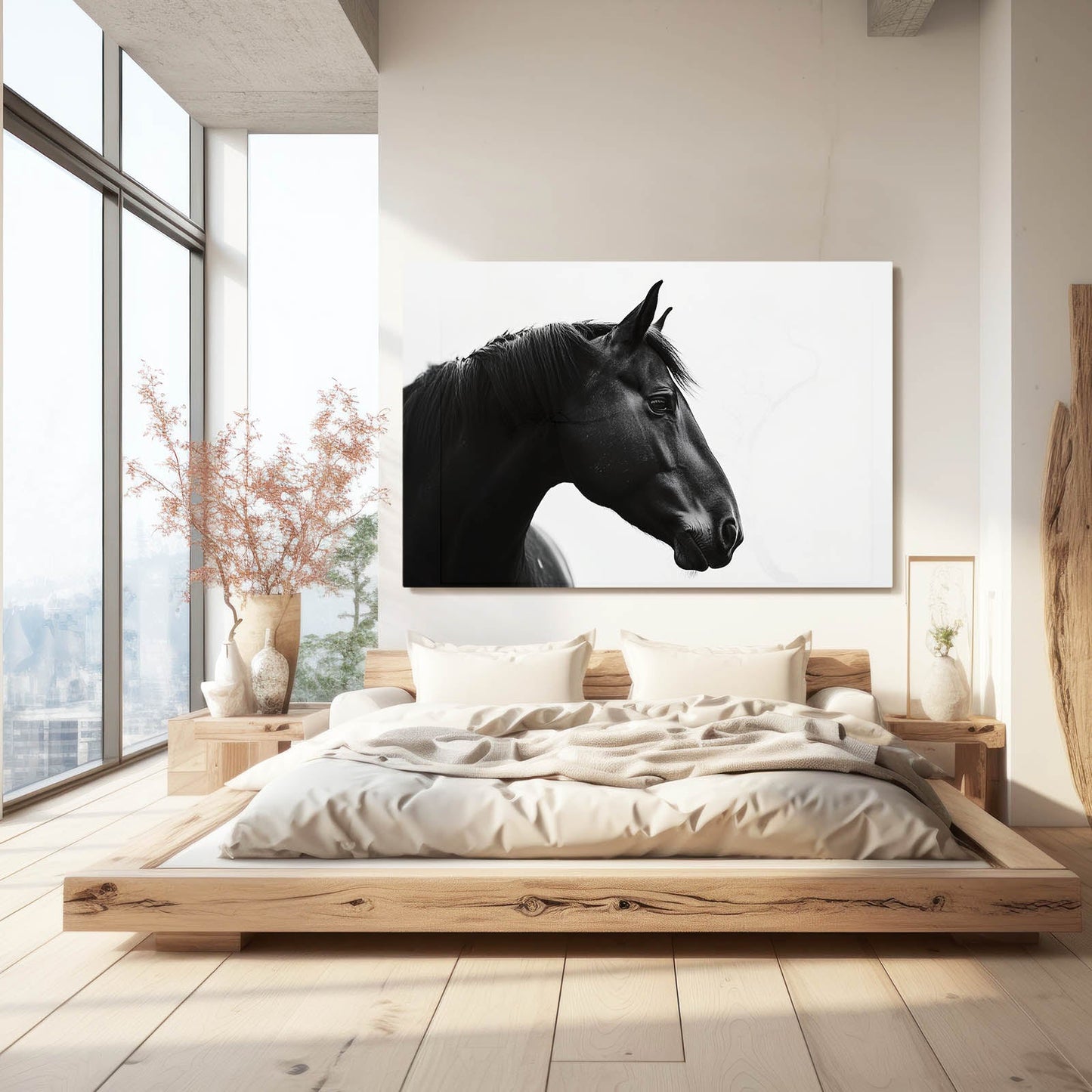 White Black Horse Art – angled canvas view on white background