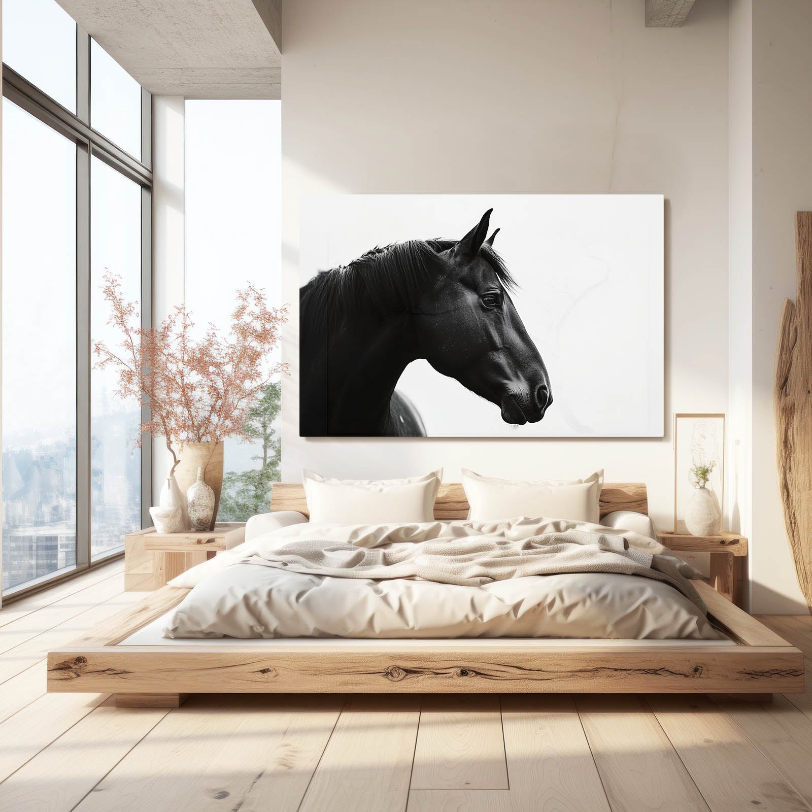 White Black Horse Art – angled canvas view on white background